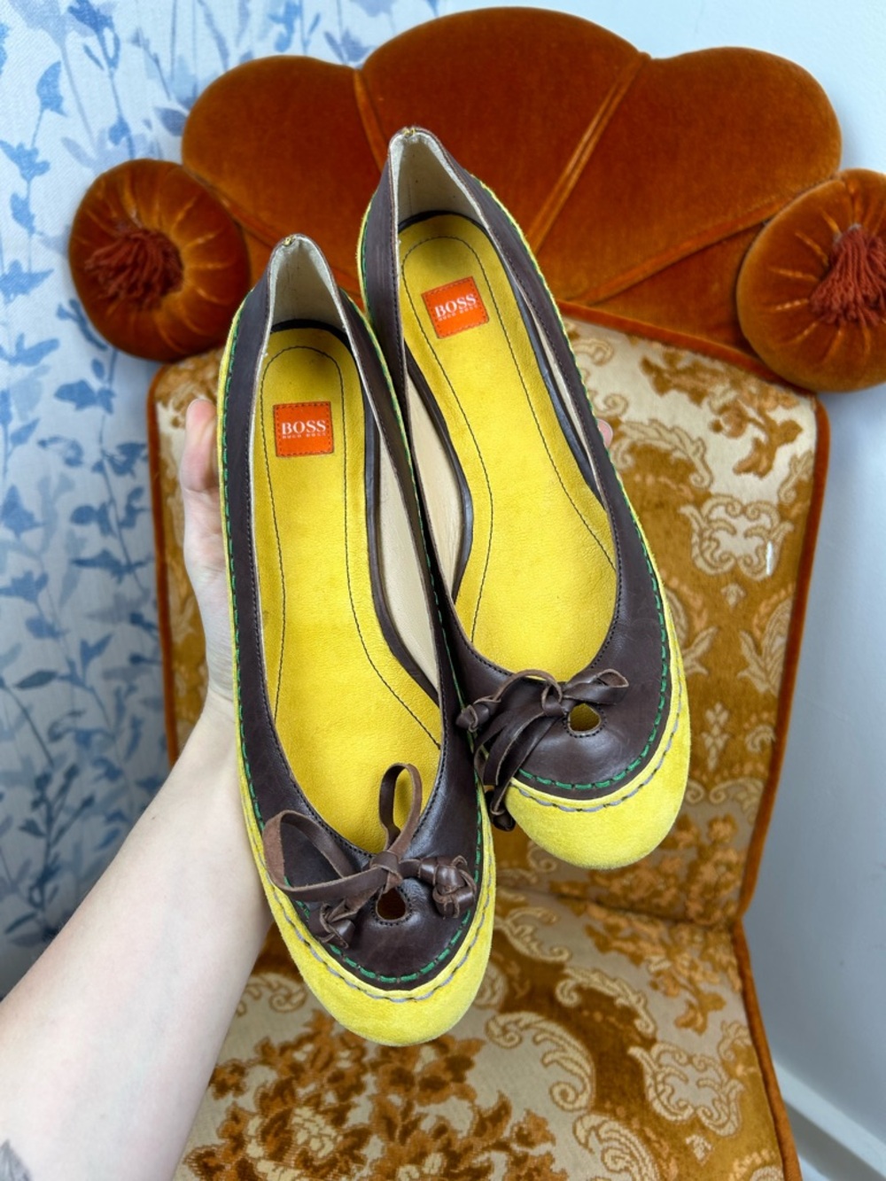 BOSS Yellow Suede Ballet Flats with Purple Leather Trim